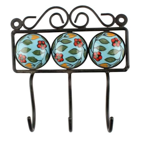 Turquoise With Green Leaf Ceramic Floral Tiles Hook